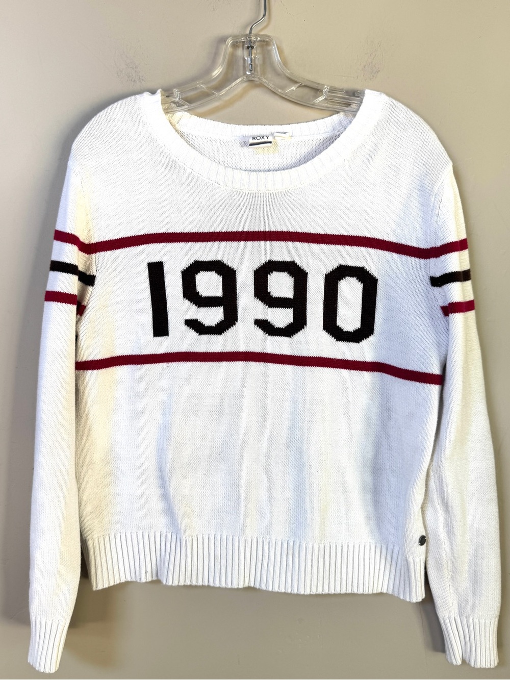 Y2K Roxy intarsia knit 1990 white sweater stripes graduation year birthday sz M